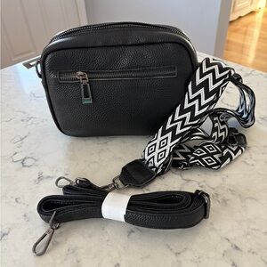 Black Leather Crossbody Bag With Leather and Geometric Strap